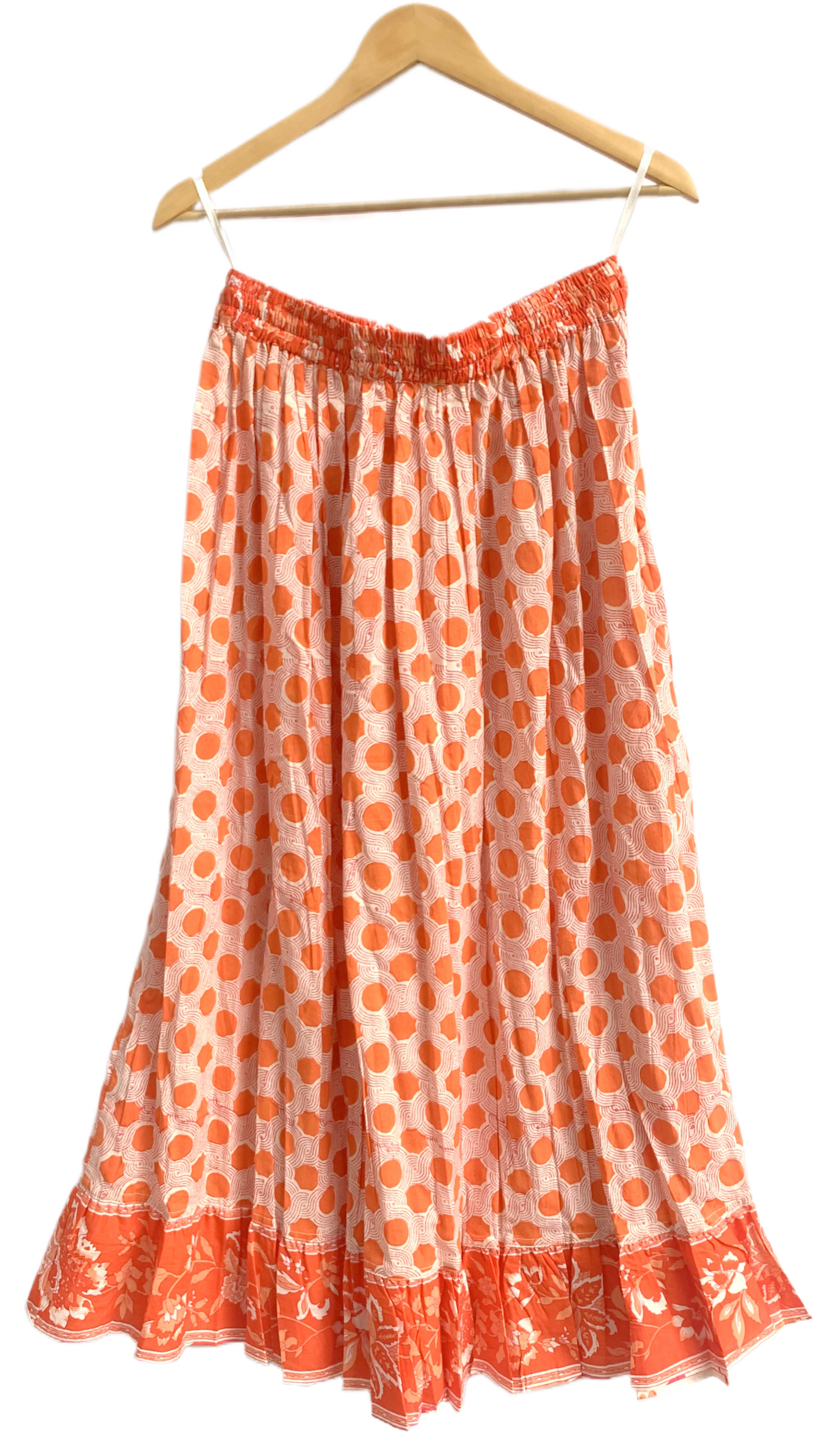 indian cotton orange floral hand block printed women's maxi skirts