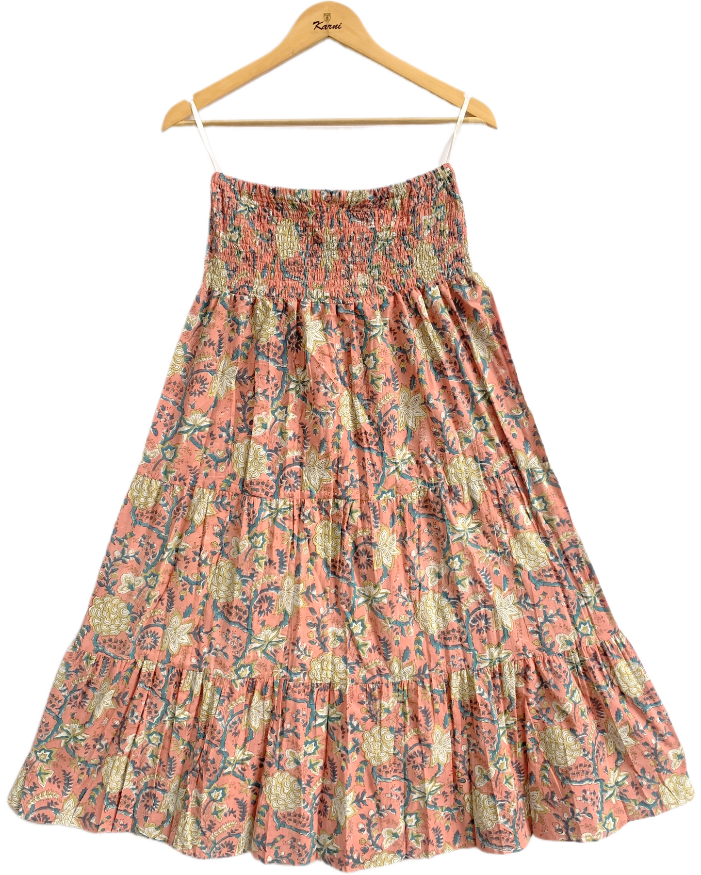 Peach Floral Hand Block Printed Cotton Skirt – Smocked Waist Tiered Boho Maxi Skirt