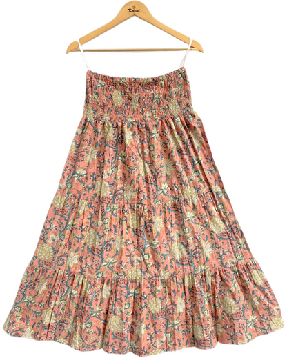 Peach Floral Hand Block Printed Cotton Skirt – Smocked Waist Tiered Boho Maxi Skirt
