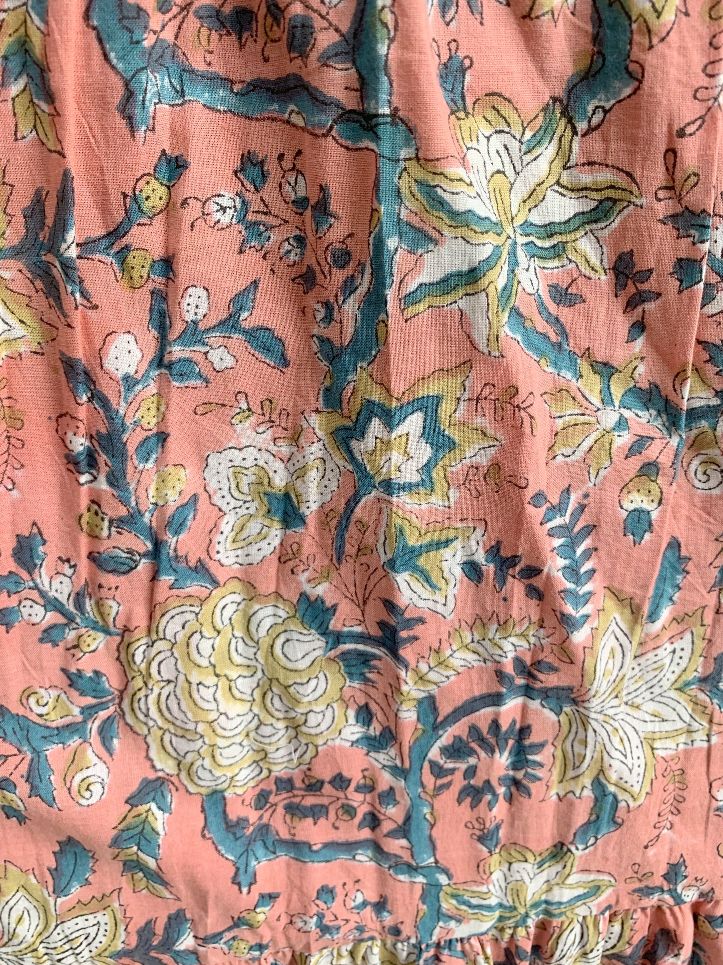 Peach Floral Hand Block Printed Cotton Skirt – Smocked Waist Tiered Boho Maxi Skirt