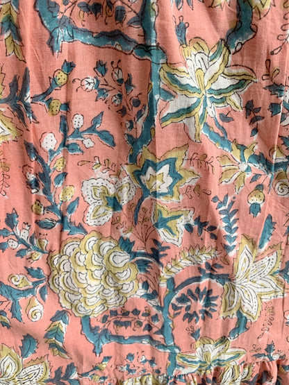 Peach Floral Hand Block Printed Cotton Skirt – Smocked Waist Tiered Boho Maxi Skirt