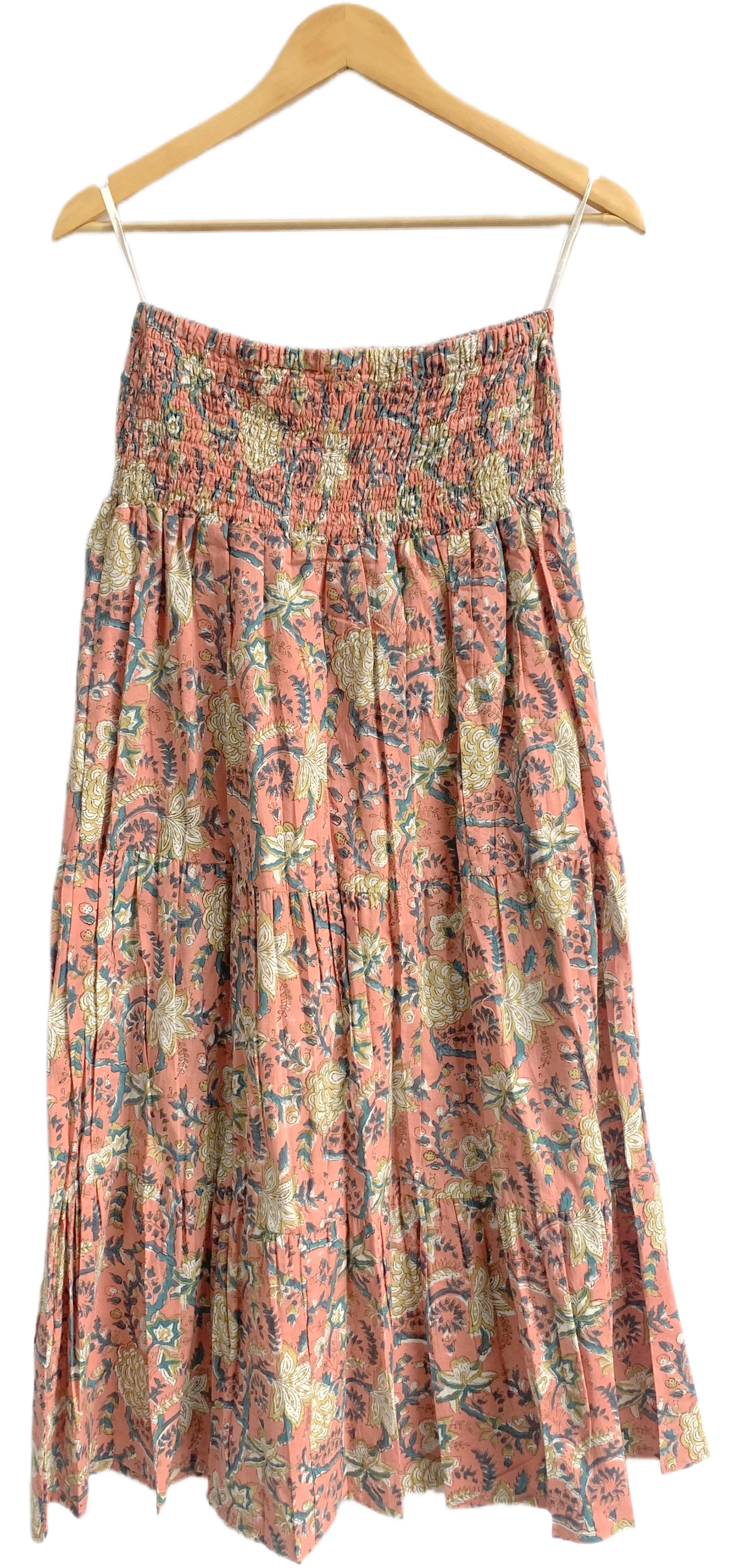 Peach Floral Hand Block Printed Cotton Skirt – Smocked Waist Tiered Boho Maxi Skirt