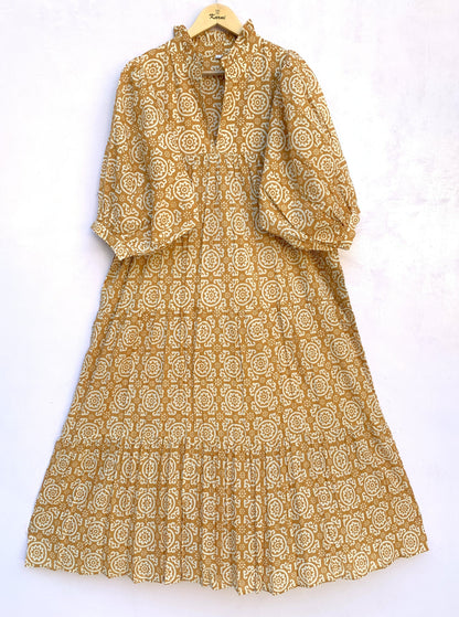 Mustard Yellow Floral Screen Printed Cotton Midi Dress – Puff Sleeve Boho Indian Dress