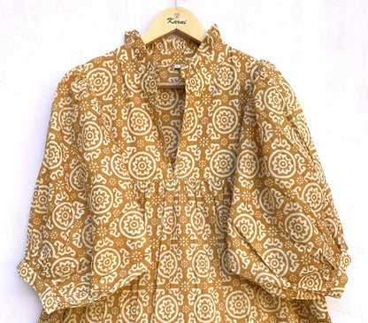Mustard Yellow Floral Screen Printed Cotton Midi Dress – Puff Sleeve Boho Indian Dress