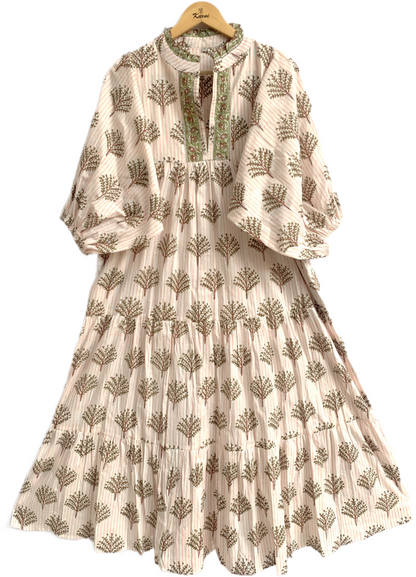 Ivory Olive Hand Block Printed Cotton Maxi Dress – Tiered Boho Women’s Dress