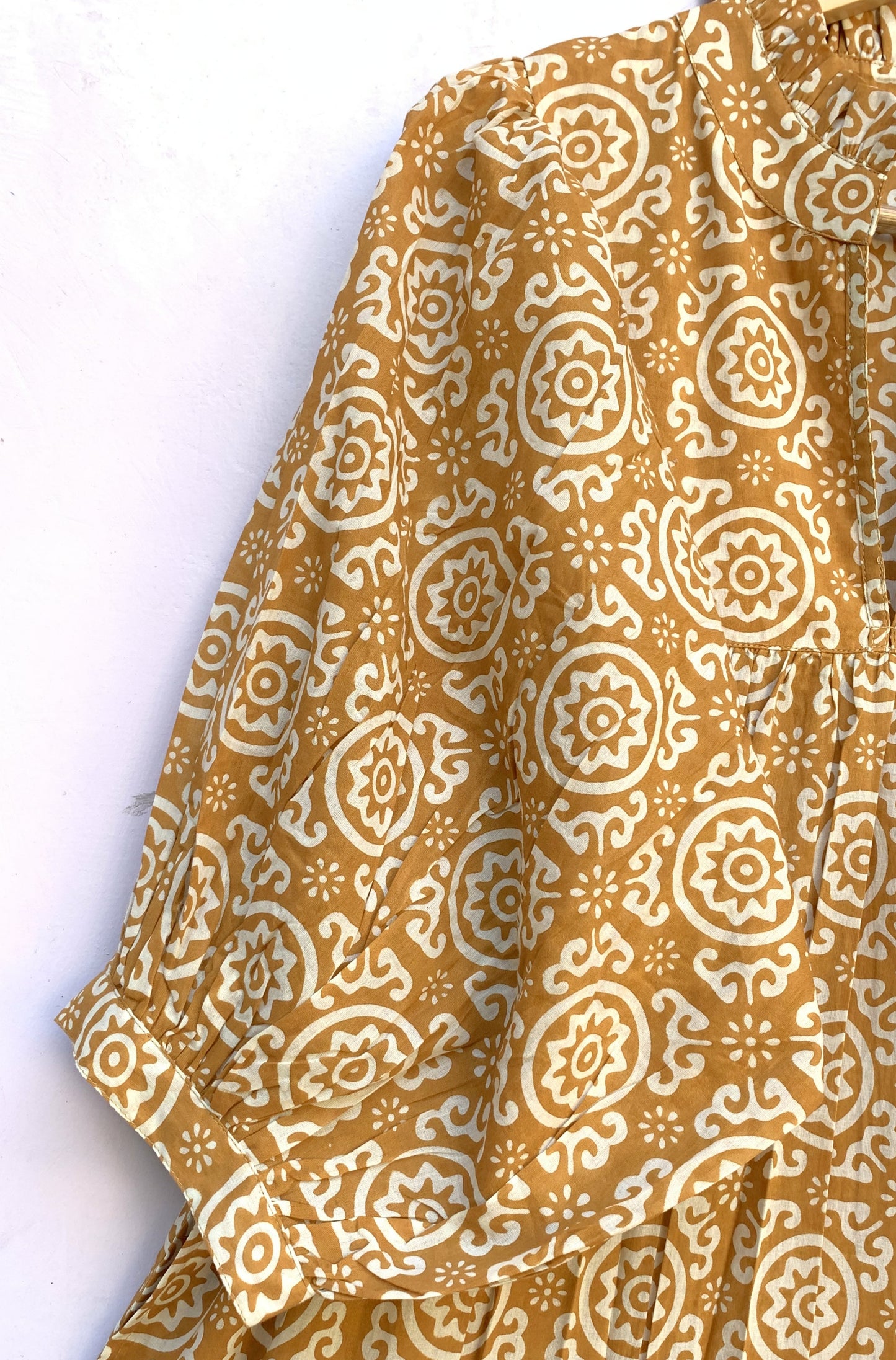 Mustard Yellow Floral Screen Printed Cotton Midi Dress – Puff Sleeve Boho Indian Dress