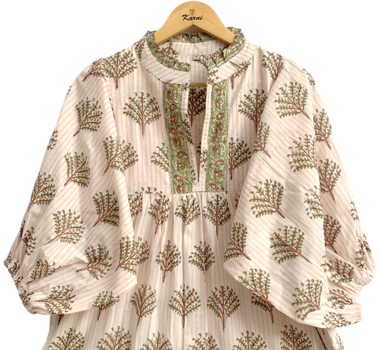 Ivory Olive Hand Block Printed Cotton Maxi Dress – Tiered Boho Women’s Dress