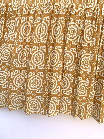 Mustard Yellow Floral Screen Printed Cotton Midi Dress – Puff Sleeve Boho Indian Dress