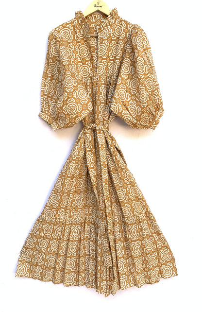 Mustard Yellow Floral Screen Printed Cotton Midi Dress – Puff Sleeve Boho Indian Dress