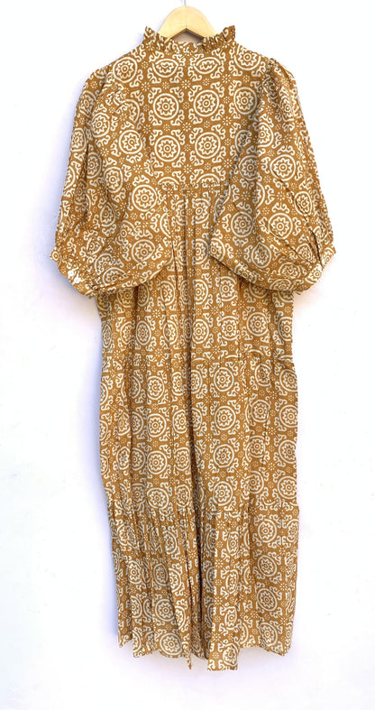 Mustard Yellow Floral Screen Printed Cotton Midi Dress – Puff Sleeve Boho Indian Dress