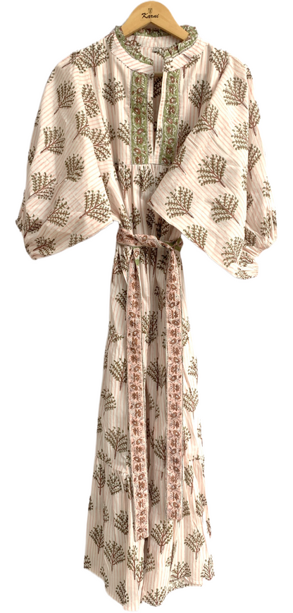 Ivory Olive Hand Block Printed Cotton Maxi Dress – Tiered Boho Women’s Dress