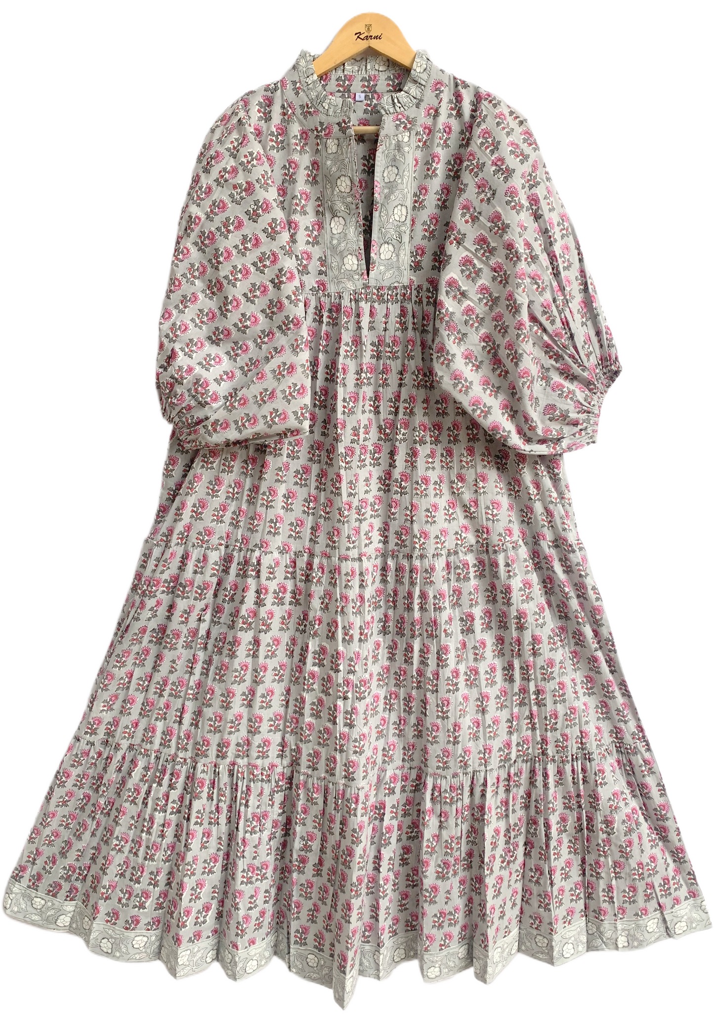 Grey Pink Floral Hand Block Printed Cotton Maxi Dress – Tiered Boho Women’s Dress