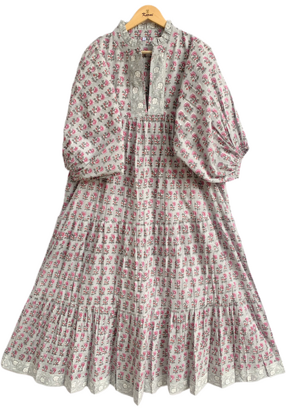 Grey Pink Floral Hand Block Printed Cotton Maxi Dress – Tiered Boho Women’s Dress