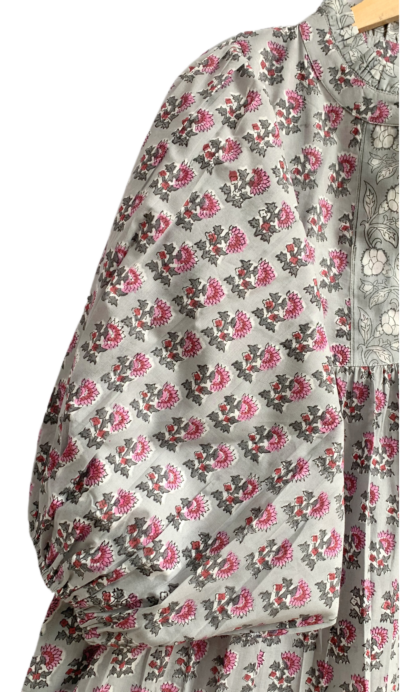 Grey Pink Floral Hand Block Printed Cotton Maxi Dress – Tiered Boho Women’s Dress