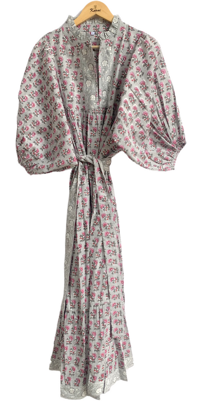 Grey Pink Floral Hand Block Printed Cotton Maxi Dress – Tiered Boho Women’s Dress
