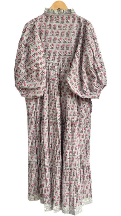 Grey Pink Floral Hand Block Printed Cotton Maxi Dress – Tiered Boho Women’s Dress