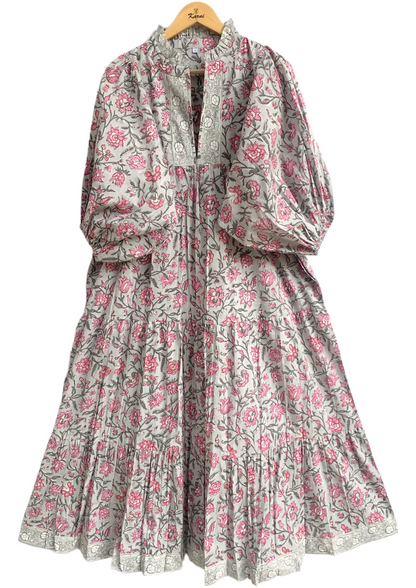 Grey Pink Floral Hand Block Printed Cotton Maxi Dress – Tiered Boho Women’s Dress