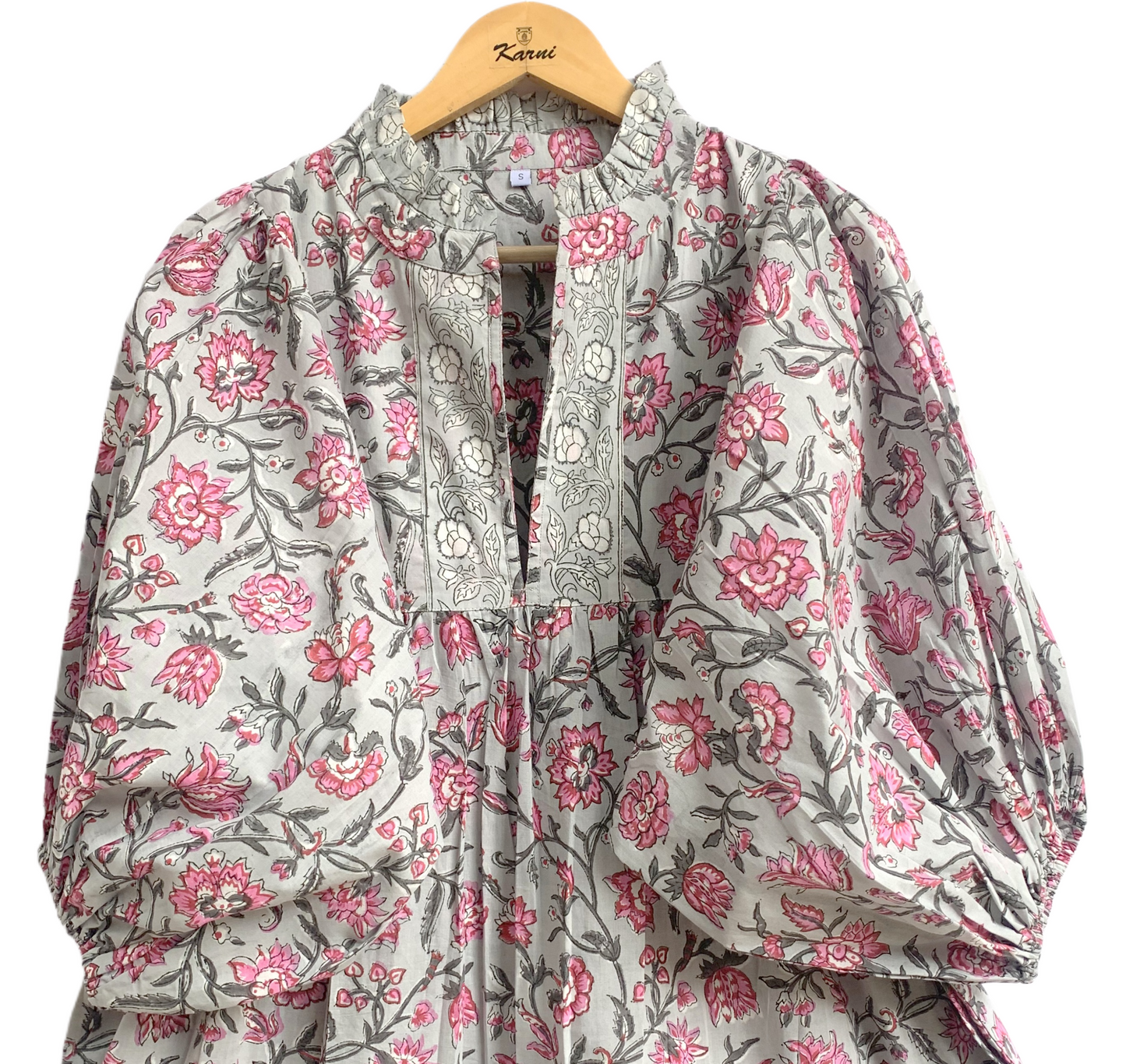 Grey Pink Floral Hand Block Printed Cotton Maxi Dress – Tiered Boho Women’s Dress