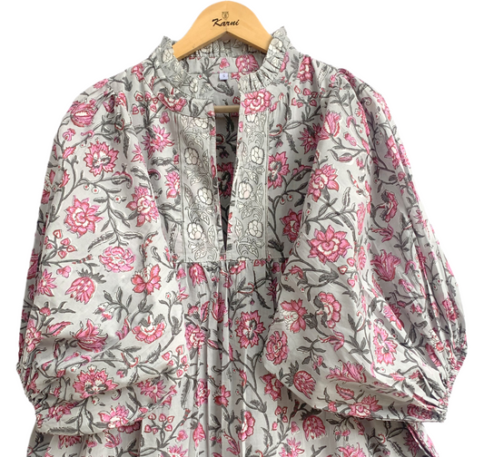 Grey Pink Floral Hand Block Printed Cotton Maxi Dress – Tiered Boho Women’s Dress
