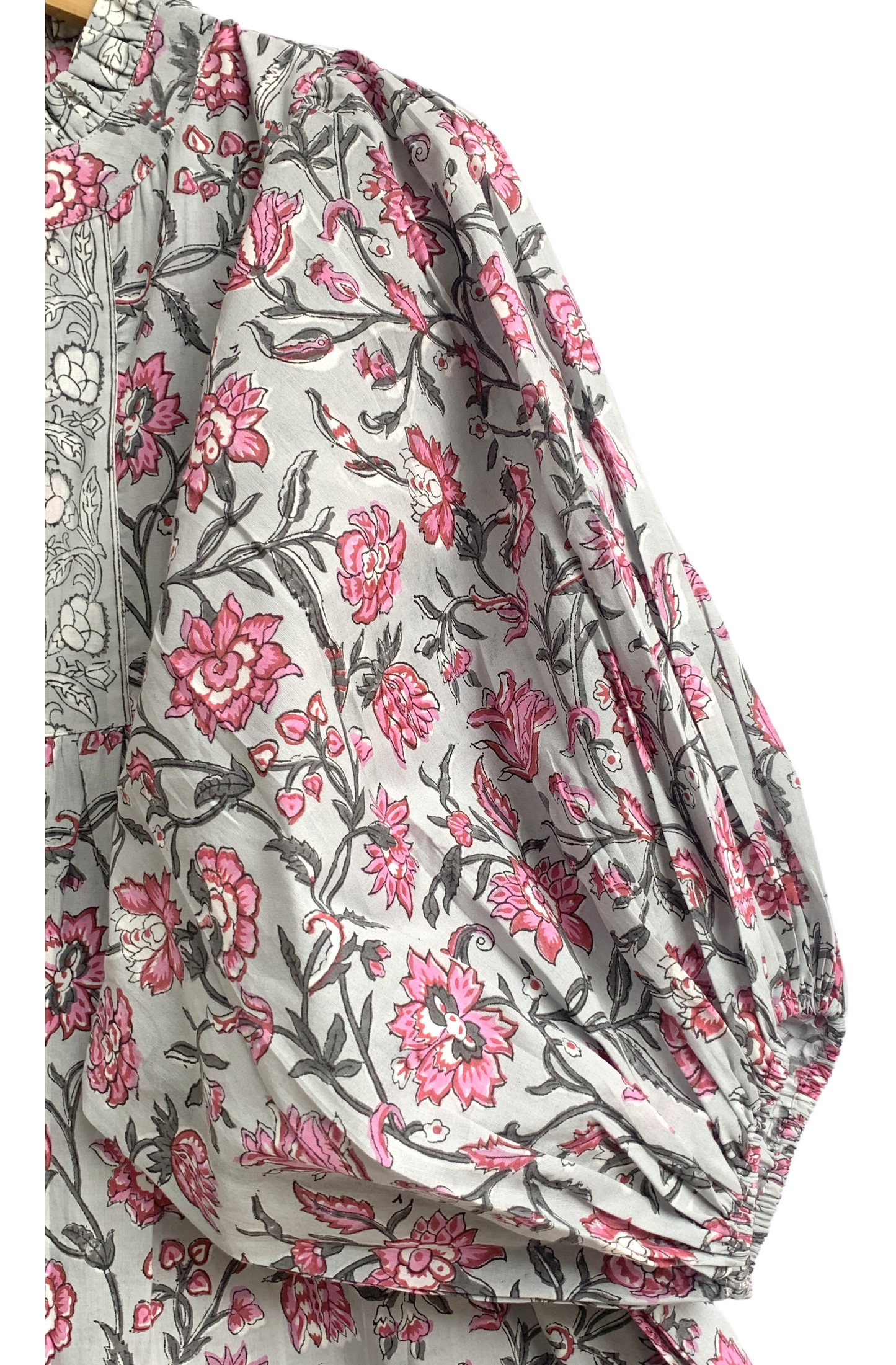 Grey Pink Floral Hand Block Printed Cotton Maxi Dress – Tiered Boho Women’s Dress