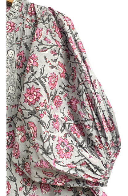 Grey Pink Floral Hand Block Printed Cotton Maxi Dress – Tiered Boho Women’s Dress