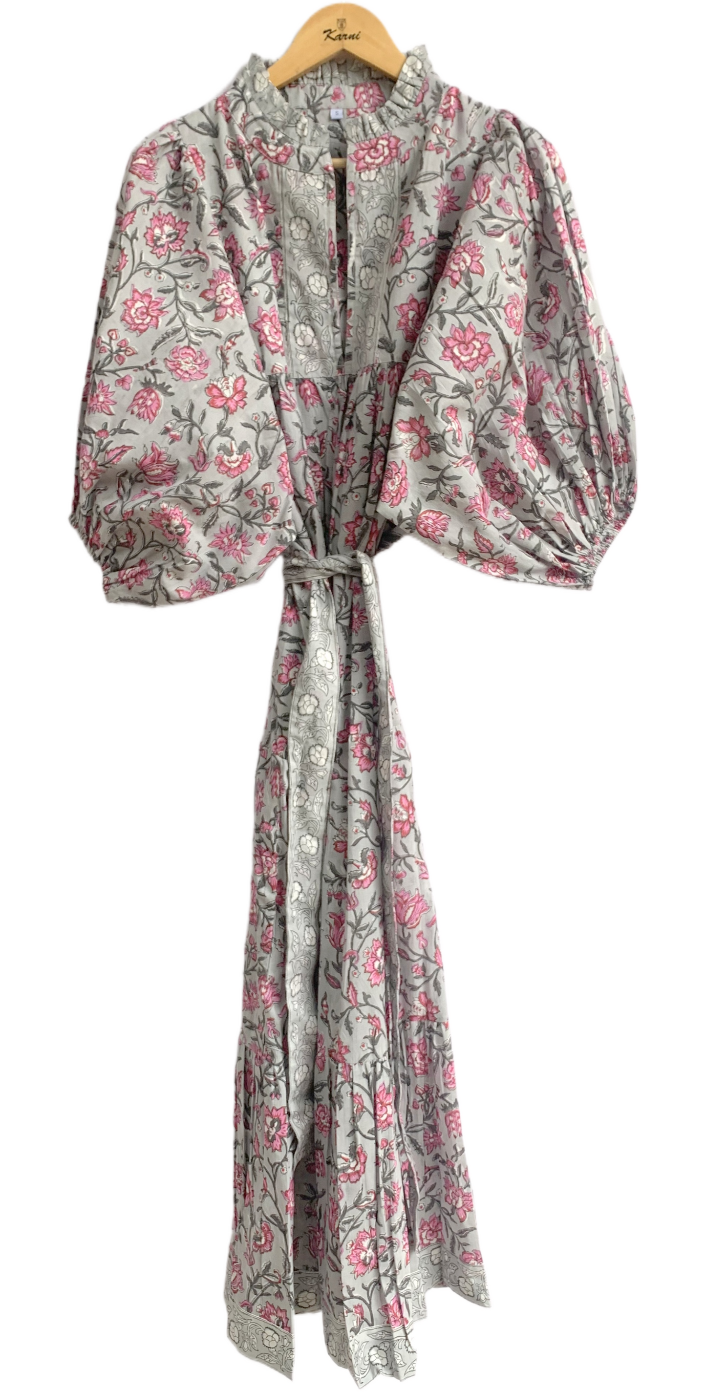 Grey Pink Floral Hand Block Printed Cotton Maxi Dress – Tiered Boho Women’s Dress