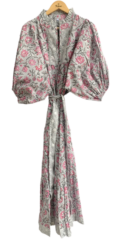 Grey Pink Floral Hand Block Printed Cotton Maxi Dress – Tiered Boho Women’s Dress
