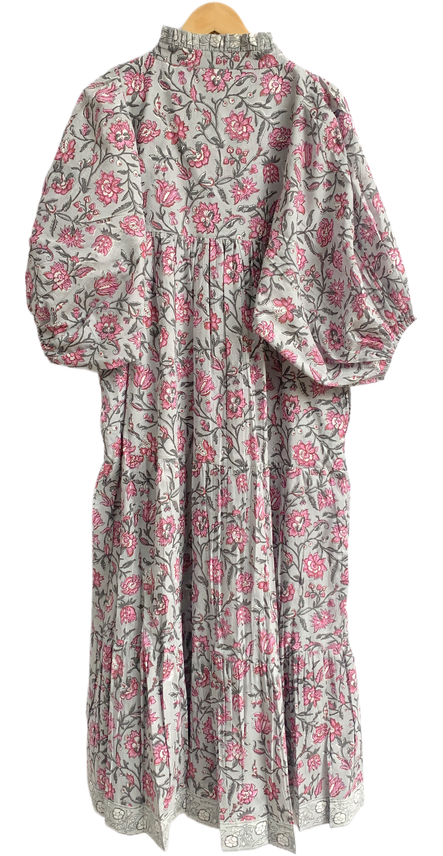 Grey Pink Floral Hand Block Printed Cotton Maxi Dress – Tiered Boho Women’s Dress