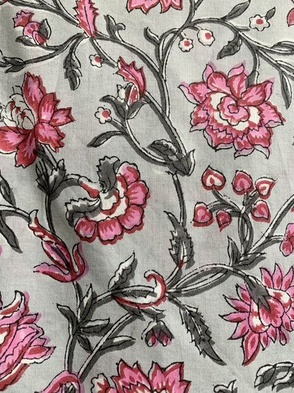 Grey Pink Floral Hand Block Printed Cotton Maxi Dress – Tiered Boho Women’s Dress