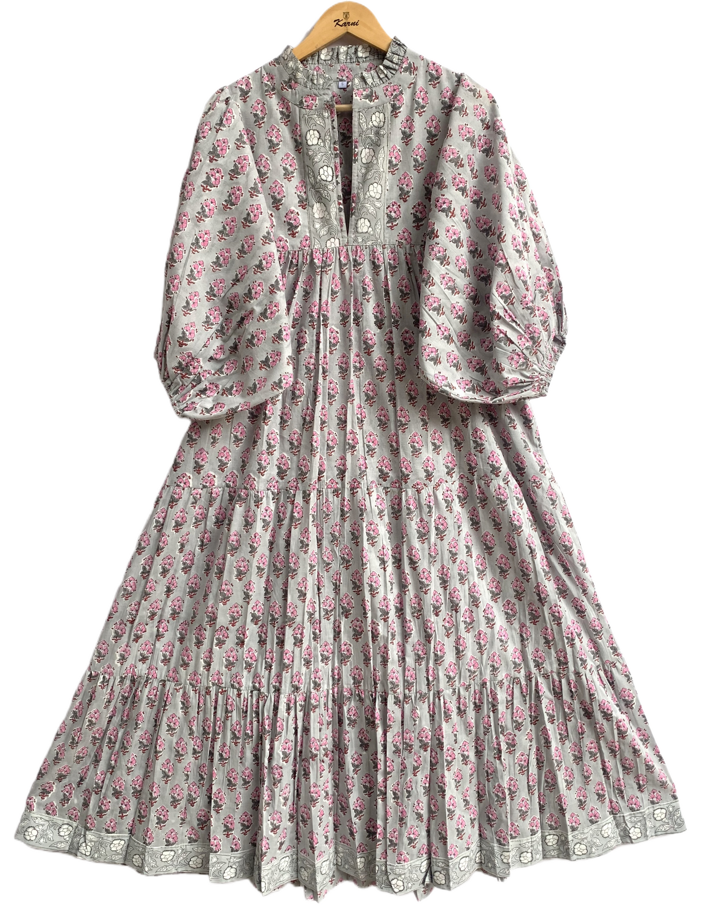 Grey Pink Floral Hand Block Printed Cotton Maxi Dress – Tiered Boho Women’s Dress