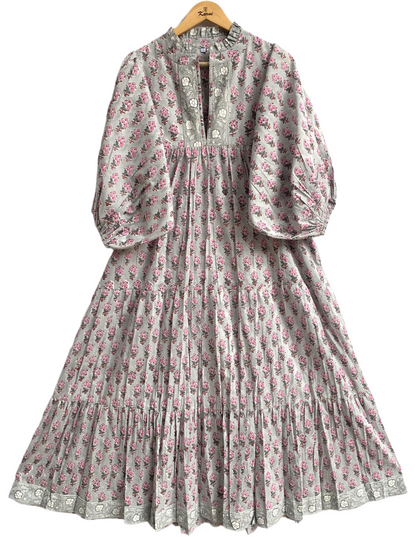 Grey Pink Floral Hand Block Printed Cotton Maxi Dress – Tiered Boho Women’s Dress