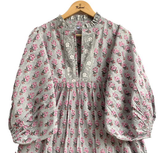 Grey Pink Floral Hand Block Printed Cotton Maxi Dress – Tiered Boho Women’s Dress