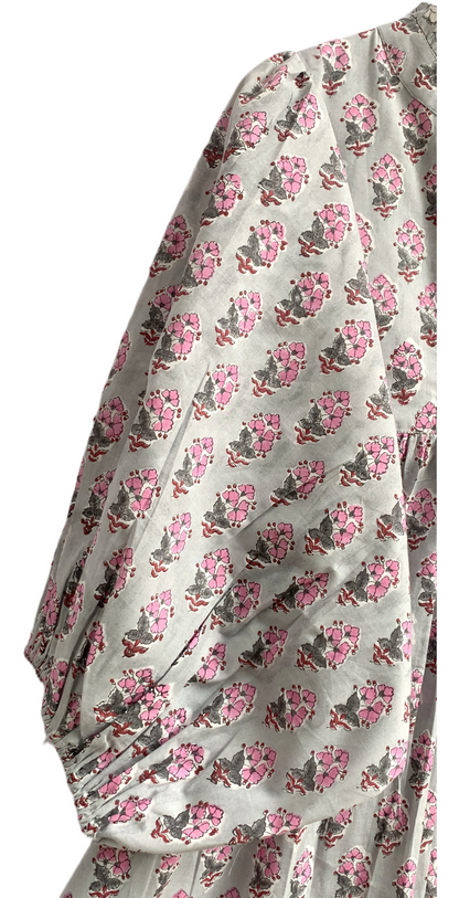 Grey Pink Floral Hand Block Printed Cotton Maxi Dress – Tiered Boho Women’s Dress