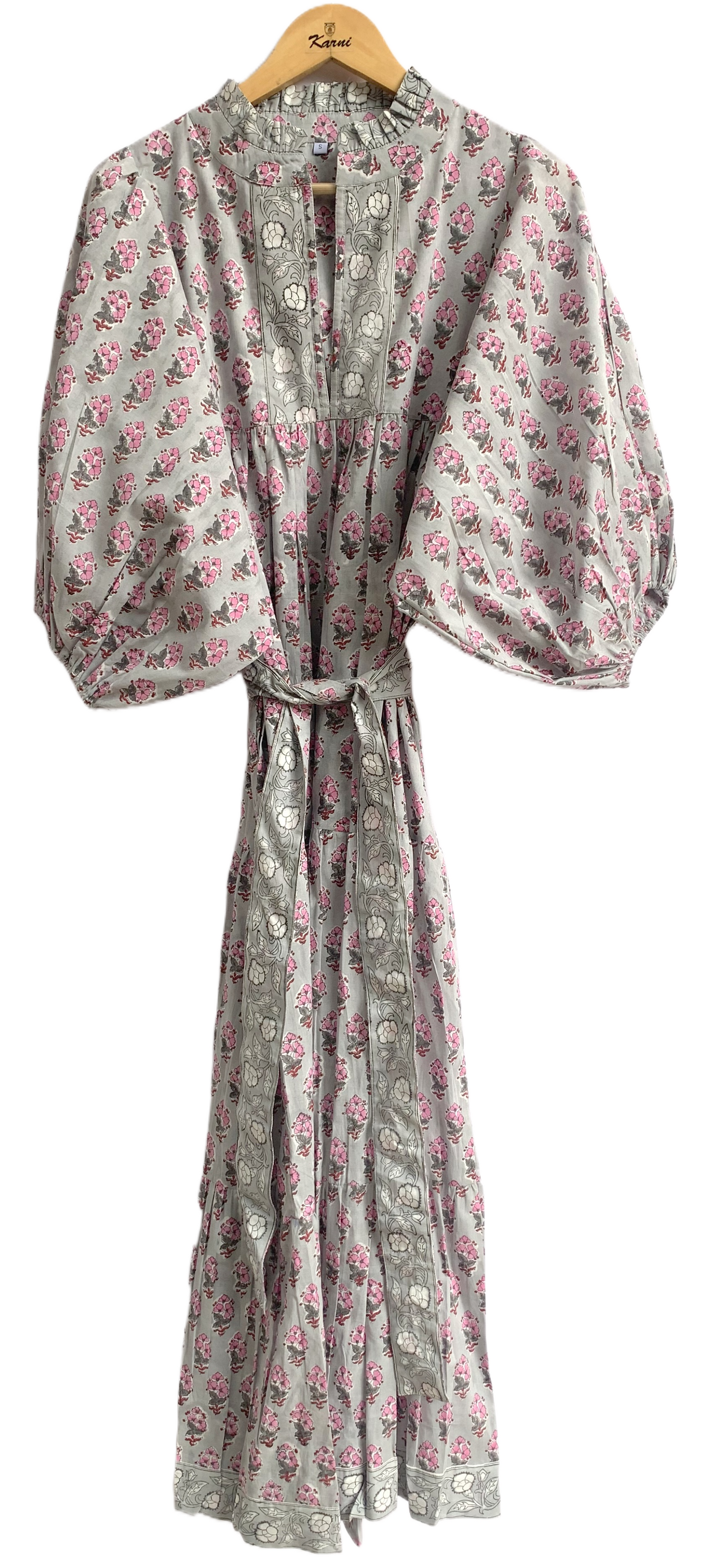 Grey Pink Floral Hand Block Printed Cotton Maxi Dress – Tiered Boho Women’s Dress