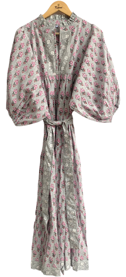 Grey Pink Floral Hand Block Printed Cotton Maxi Dress – Tiered Boho Women’s Dress