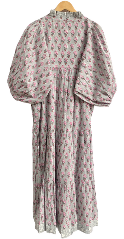Grey Pink Floral Hand Block Printed Cotton Maxi Dress – Tiered Boho Women’s Dress