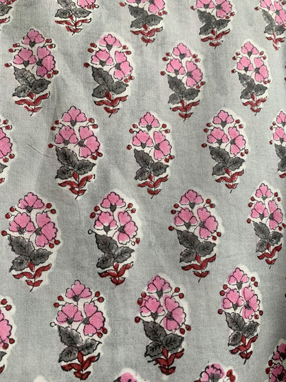 Grey Pink Floral Hand Block Printed Cotton Maxi Dress – Tiered Boho Women’s Dress