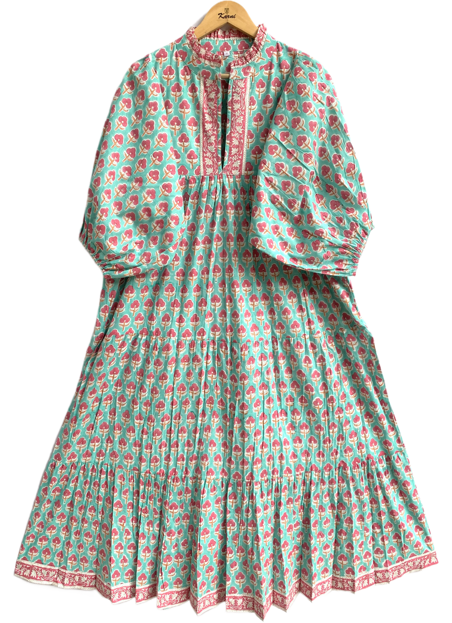 Aqua Green Block Print Cotton Maxi Dress – Relaxed Boho Dress