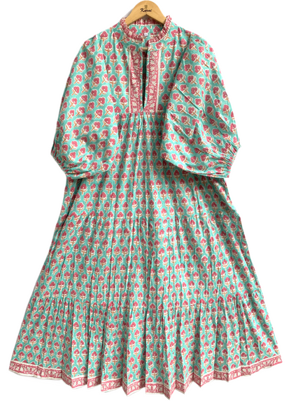 Aqua Green Block Print Cotton Maxi Dress – Relaxed Boho Dress