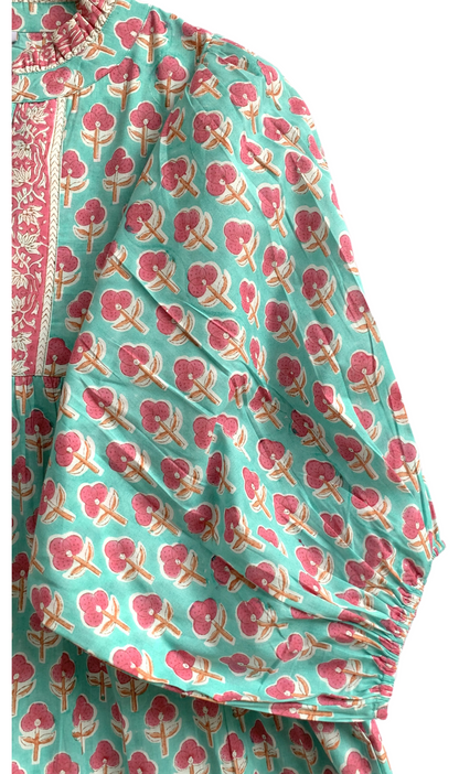 Aqua Green Block Print Cotton Maxi Dress – Relaxed Boho Dress