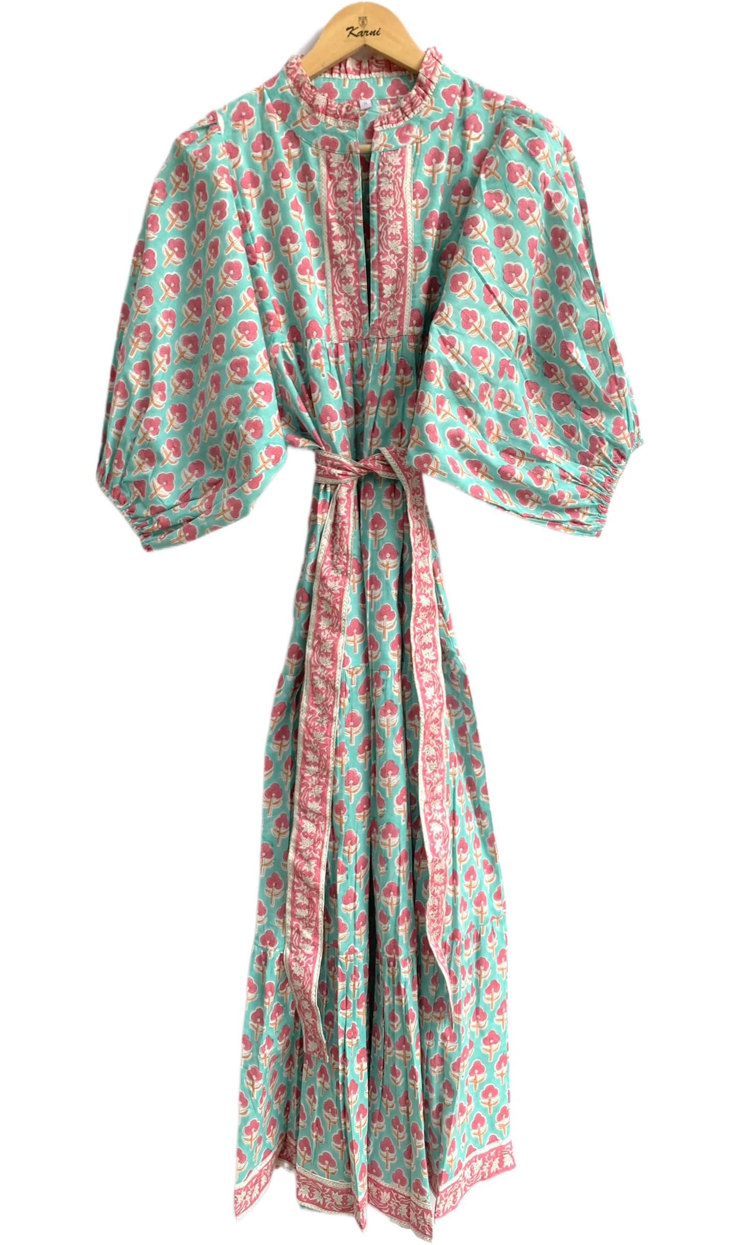 Aqua Green Block Print Cotton Maxi Dress – Relaxed Boho Dress