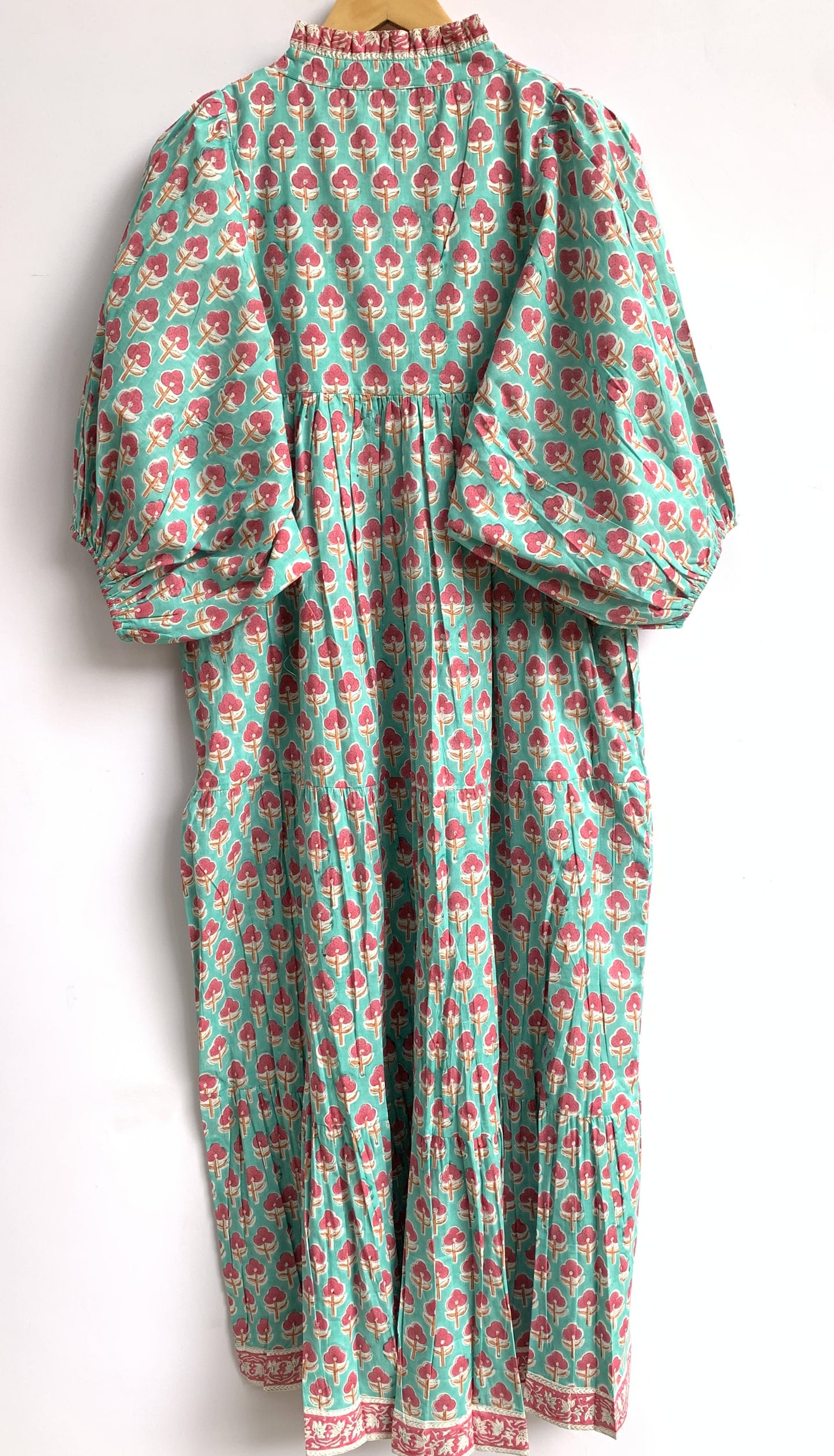 Aqua Green Block Print Cotton Maxi Dress – Relaxed Boho Dress