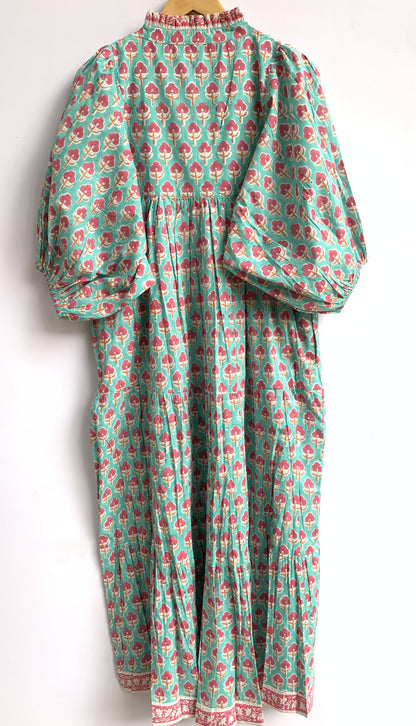 Aqua Green Block Print Cotton Maxi Dress – Relaxed Boho Dress