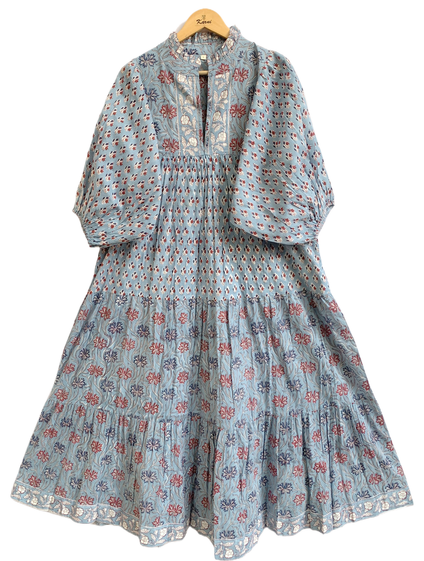 Blue Floral Hand Block Printed Cotton Maxi Dress – Indian Boho Tiered Long Dress