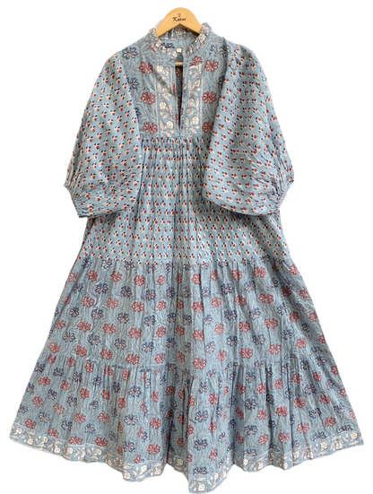 Blue Floral Hand Block Printed Cotton Maxi Dress – Indian Boho Tiered Long Dress