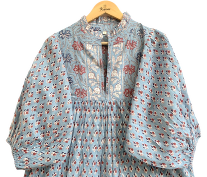 Blue Floral Hand Block Printed Cotton Maxi Dress – Indian Boho Tiered Long Dress