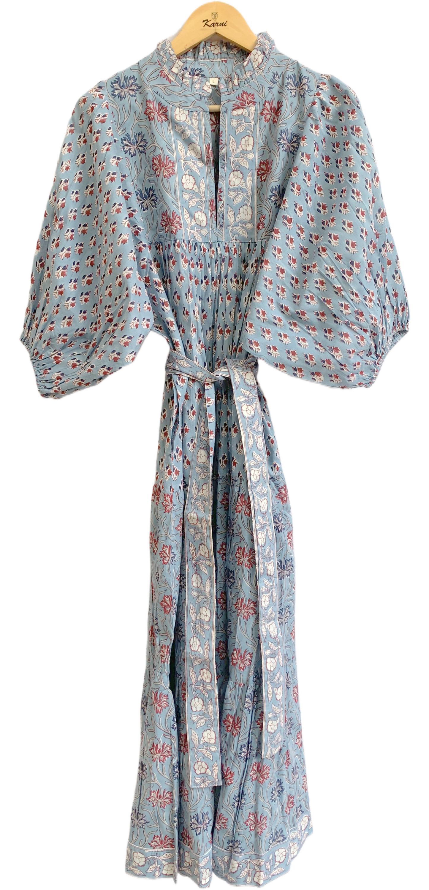 Blue Floral Hand Block Printed Cotton Maxi Dress – Indian Boho Tiered Long Dress