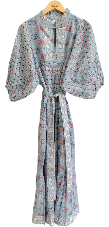 Blue Floral Hand Block Printed Cotton Maxi Dress – Indian Boho Tiered Long Dress