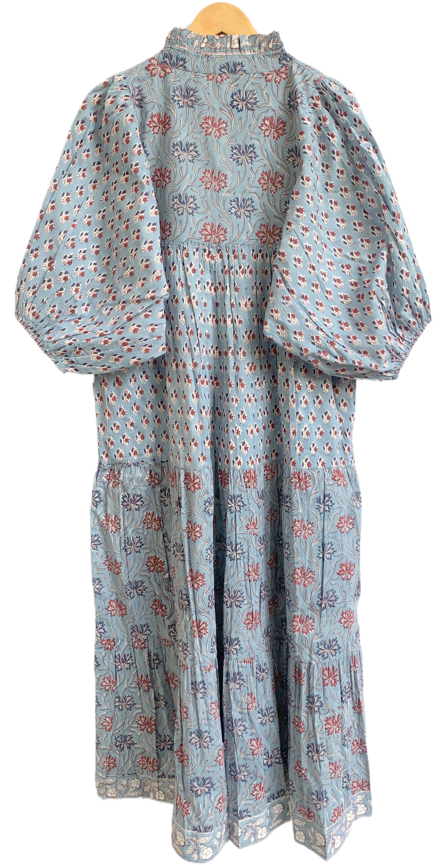 Blue Floral Hand Block Printed Cotton Maxi Dress – Indian Boho Tiered Long Dress