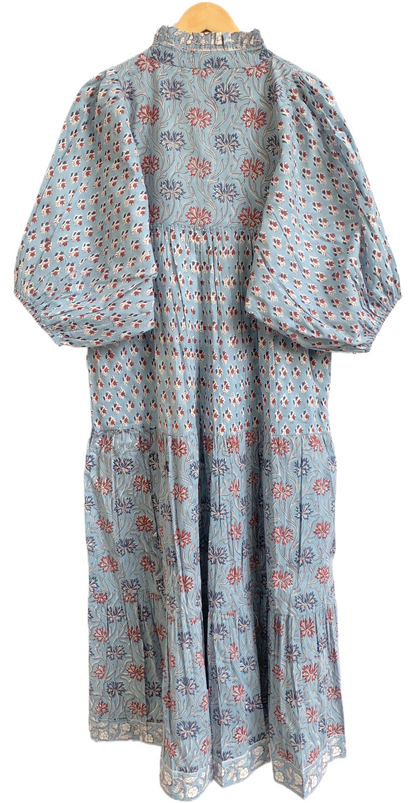 Blue Floral Hand Block Printed Cotton Maxi Dress – Indian Boho Tiered Long Dress